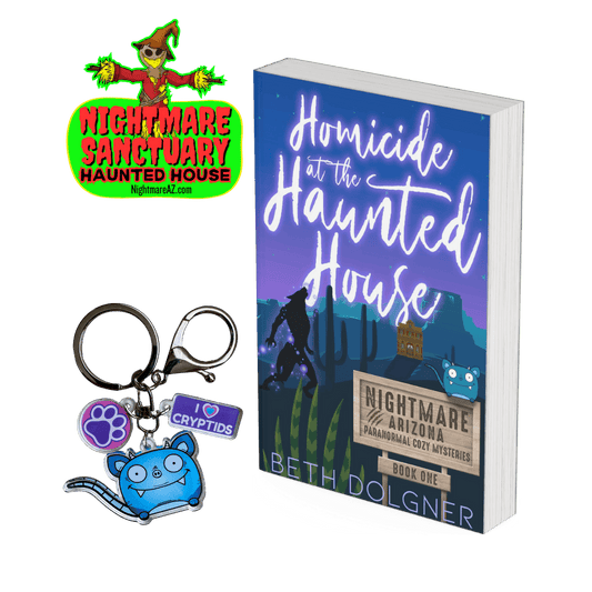 Homicide at the Haunted House (Nightmare, Arizona Paranormal Cozy Mysteries Book 1) Paperback Plus Keychain and Sticker