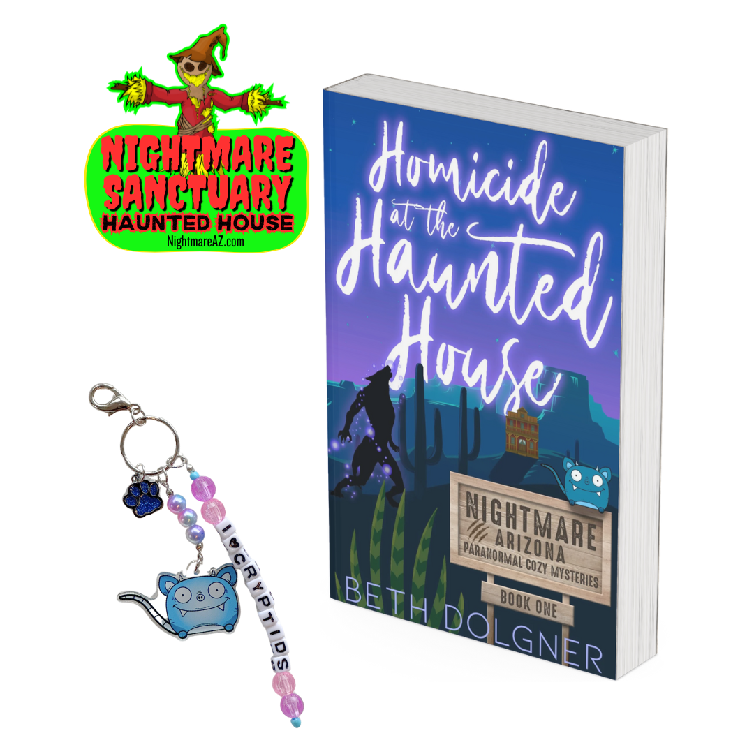 Homicide at the Haunted House (Nightmare, Arizona Paranormal Cozy Mysteries Book 1) Paperback Plus Keychain and Sticker